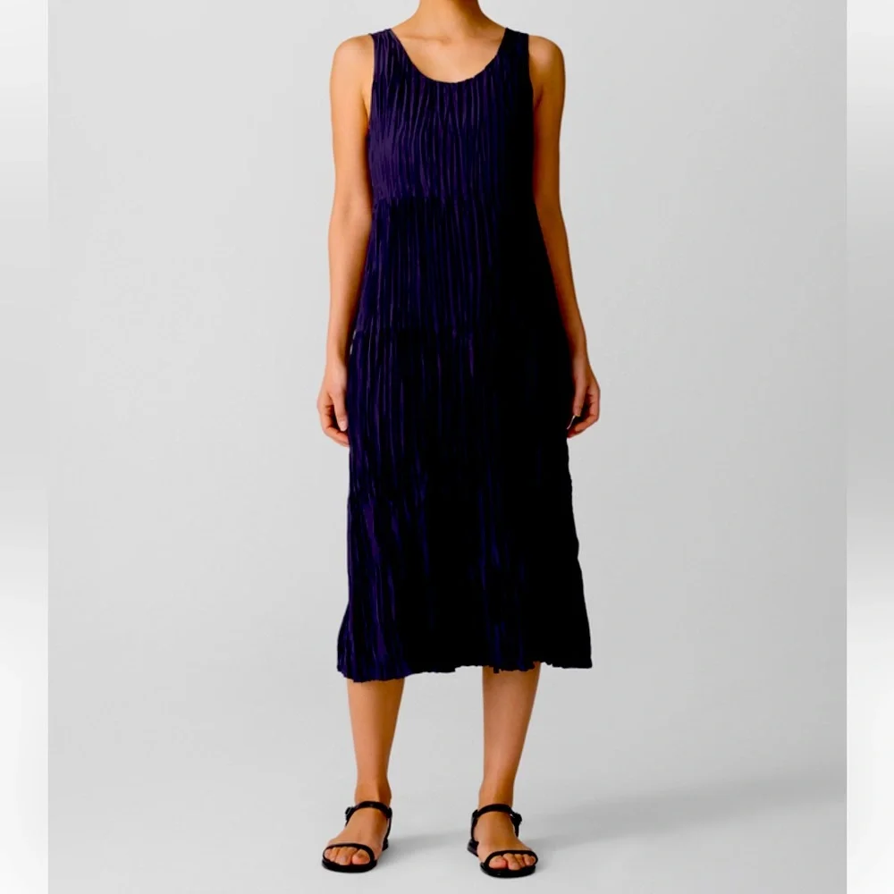 Eileen Fisher Crushed Silk Tiered Dress Black Sleeveless Midi Lagenlook-XL - Picture 1 of 9